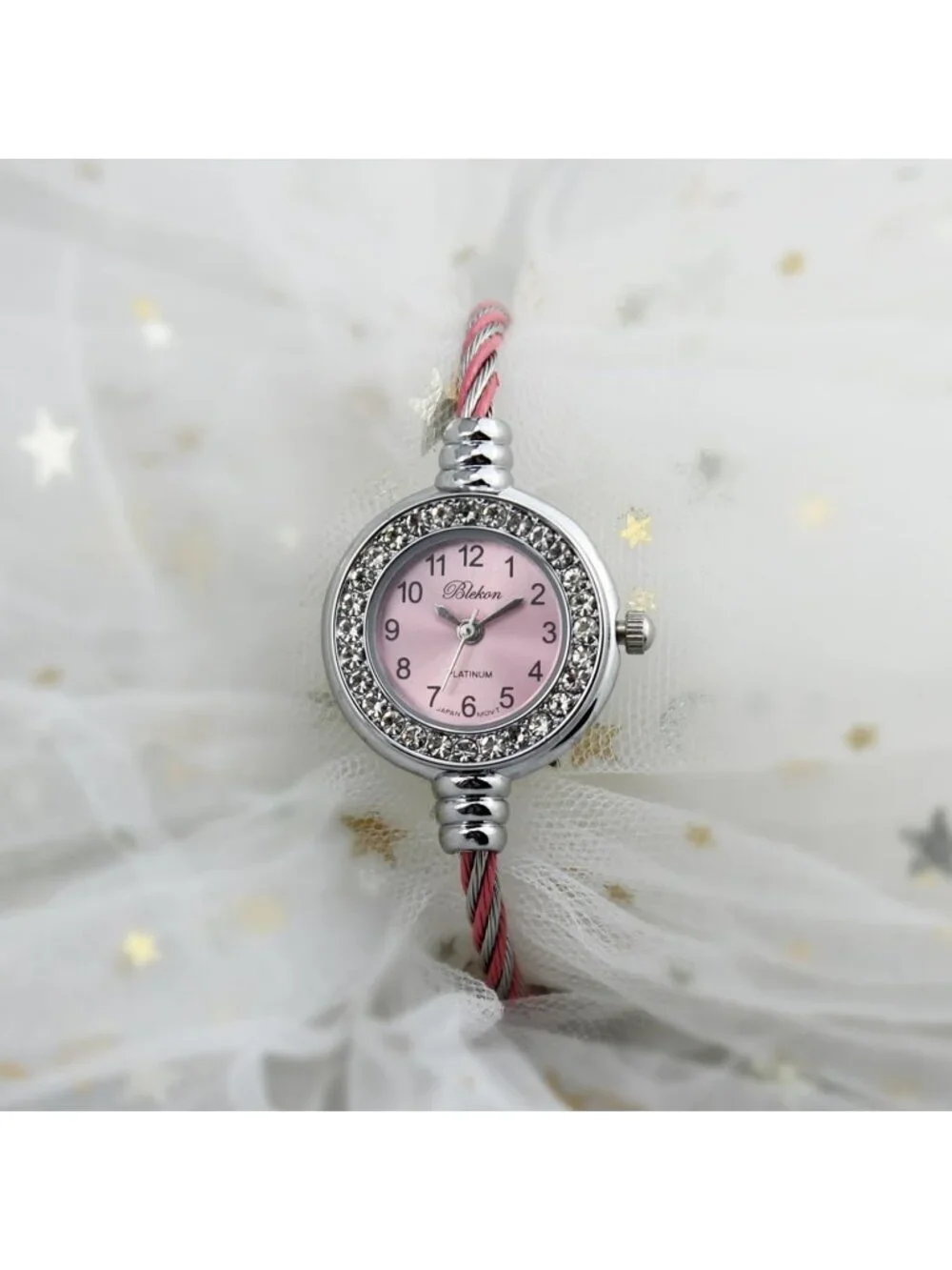 Women Silver And Pink Analog Cable Cuff Arabic Numbers Rhinestone Bracelet Watch